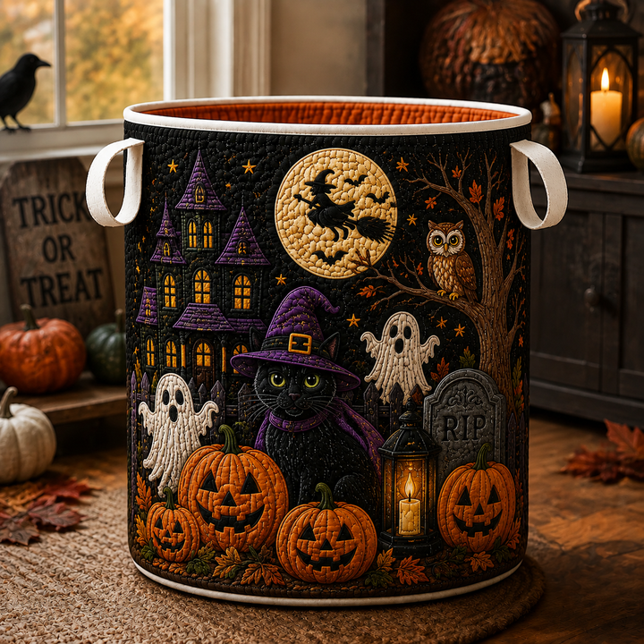 Panier à linge matelassé – Hibou d'Halloween, Fantôme et Chat