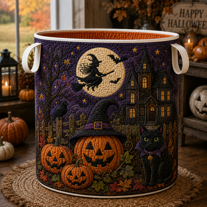 Panier à linge matelassé – Sorcière, citrouilles et chat noir