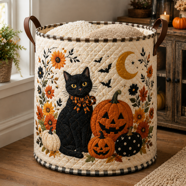 Panier à linge matelassé – Chat noir et citrouilles d'automne