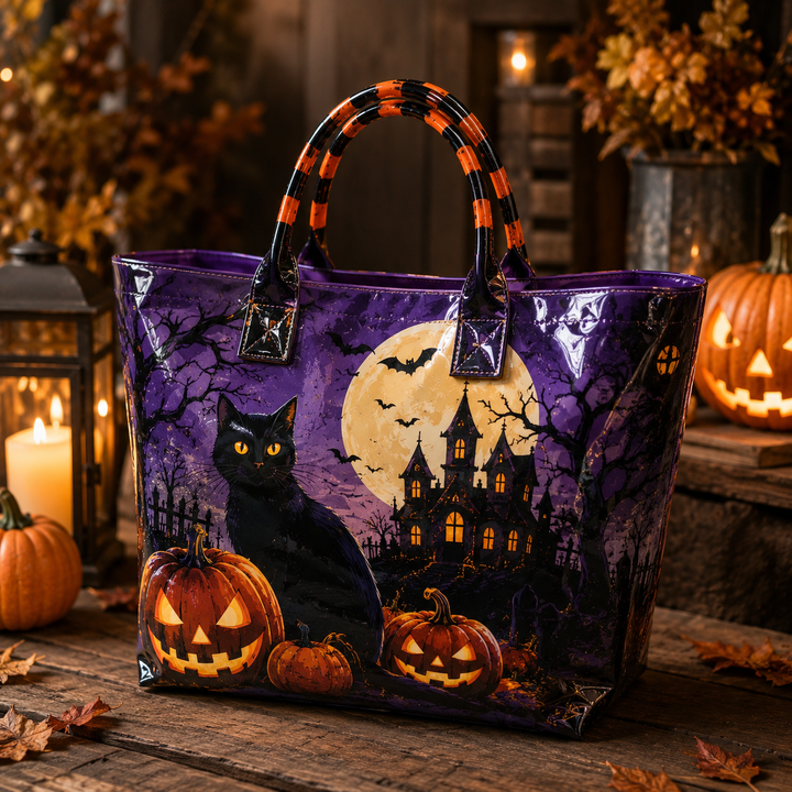 Sac en PVC – Chat noir, citrouilles et lune d'Halloween