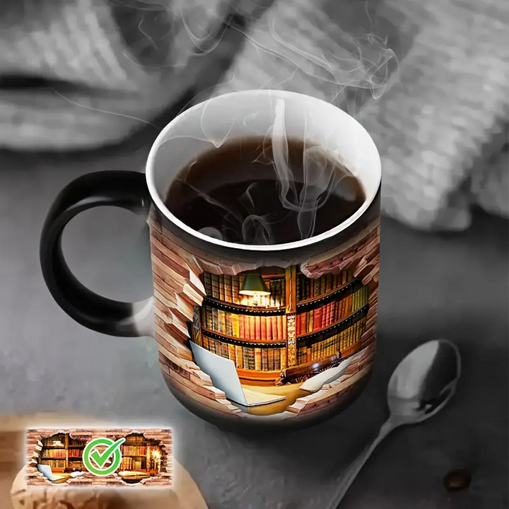 Tasse en céramique avec bibliothèque magique et effet de température