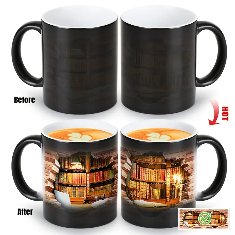 Tasse en céramique avec bibliothèque magique et effet de température