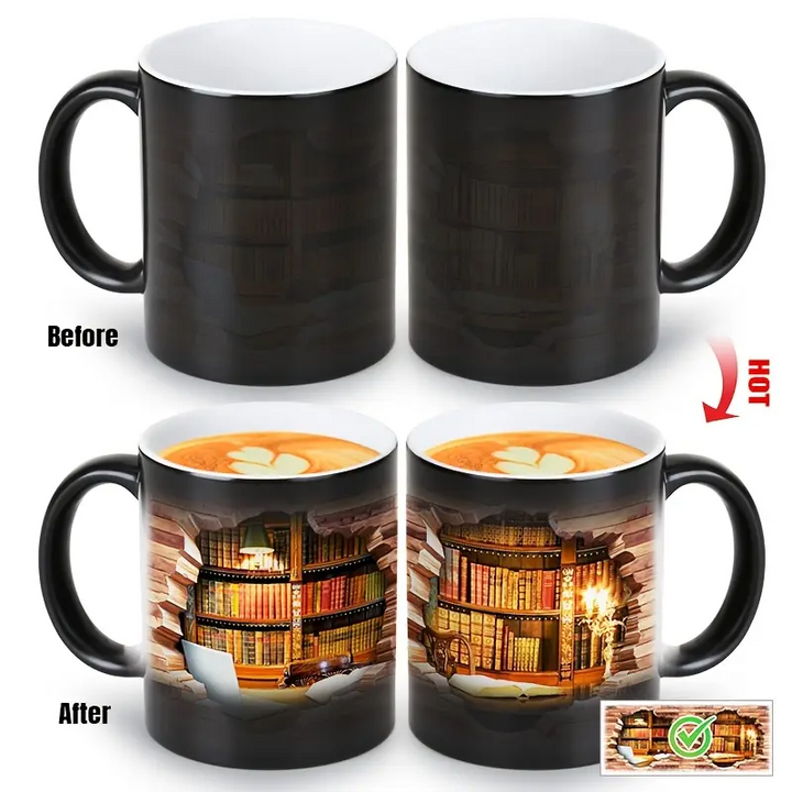 Tasse en céramique avec bibliothèque magique et effet de température