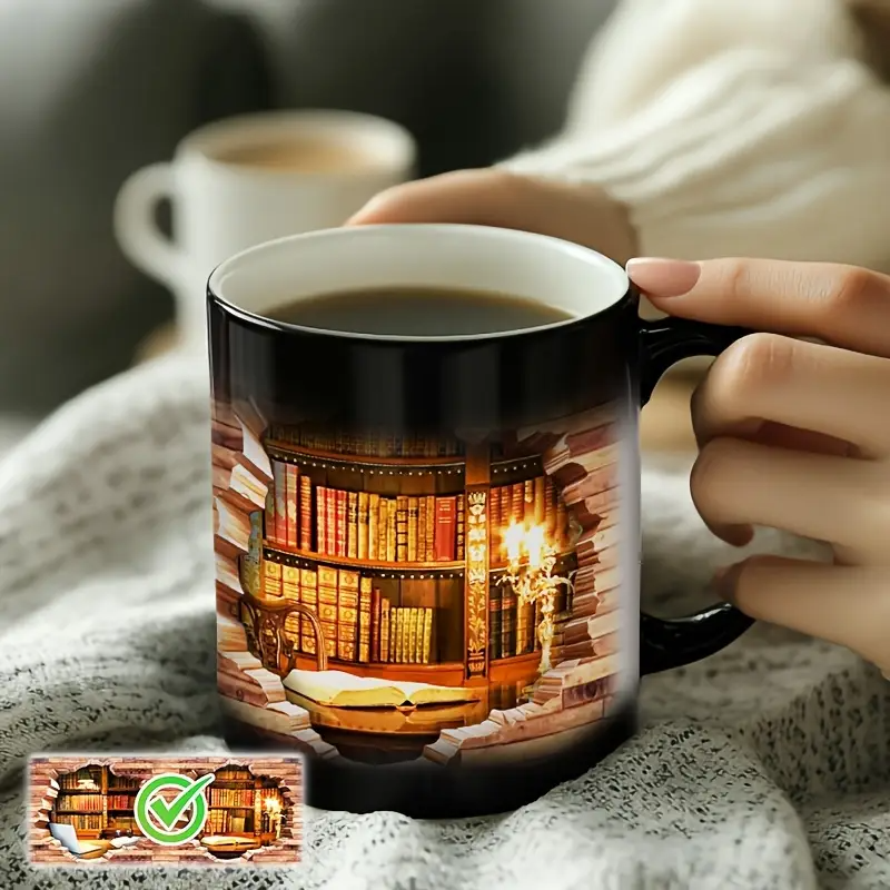 Tasse en céramique avec bibliothèque magique et effet de température