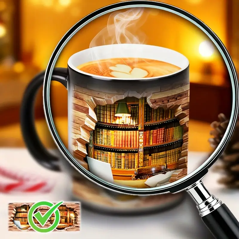 Tasse en céramique avec bibliothèque magique et effet de température