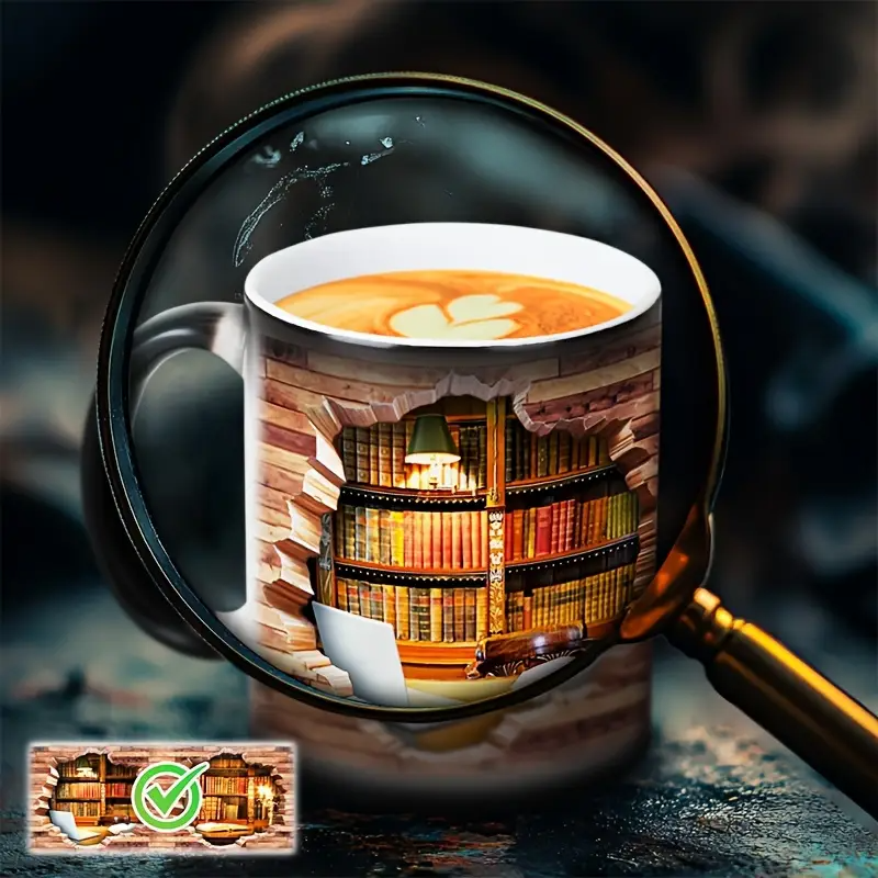 Tasse en céramique avec bibliothèque magique et effet de température