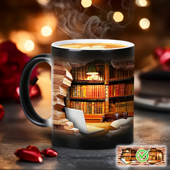 Tasse en céramique avec bibliothèque magique et effet de température