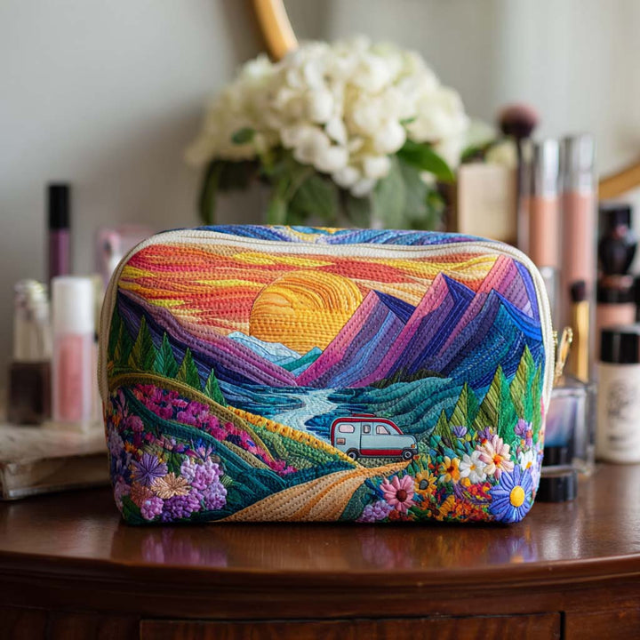 Trousse de maquillage matelassée avec motif de voyage rétro NCU0PT9475
