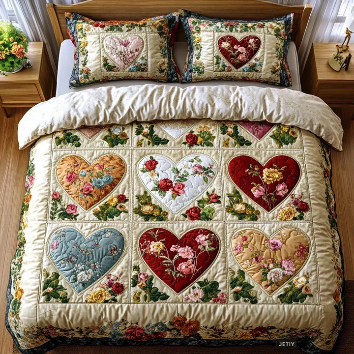 Ensemble de literie matelassé 3 pièces – Cœurs amoureux