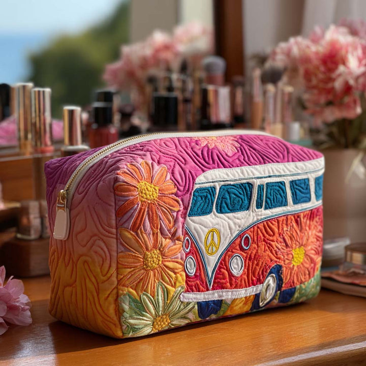 Trousse de maquillage matelassée avec motif rétro de voyage NCU0PT9434