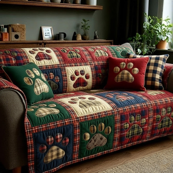 Housse de canapé matelassée – avec motif rustique de pattes et de cœur NCU0NT11542
