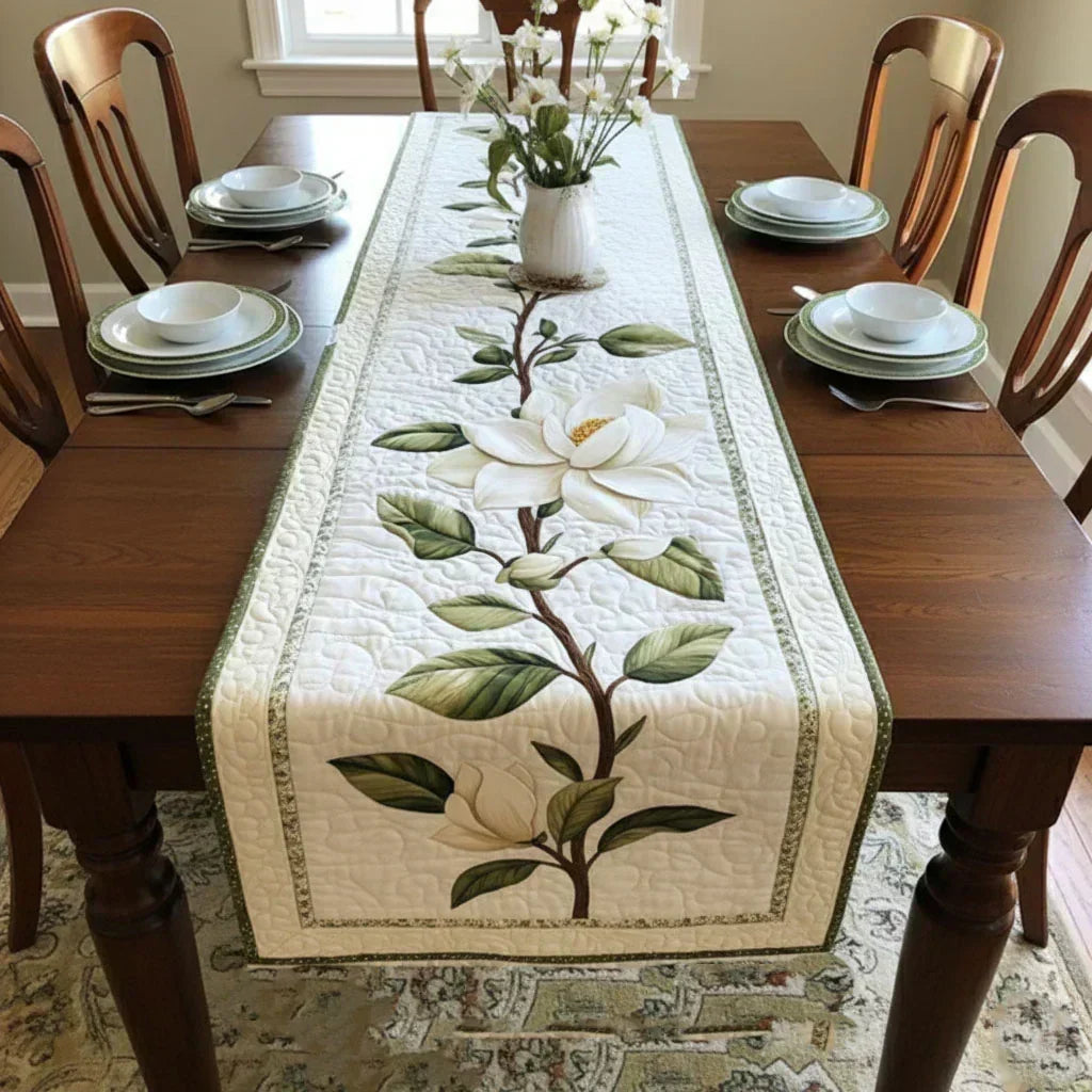 Chemin de table patché - Fleur de magnolia rustique