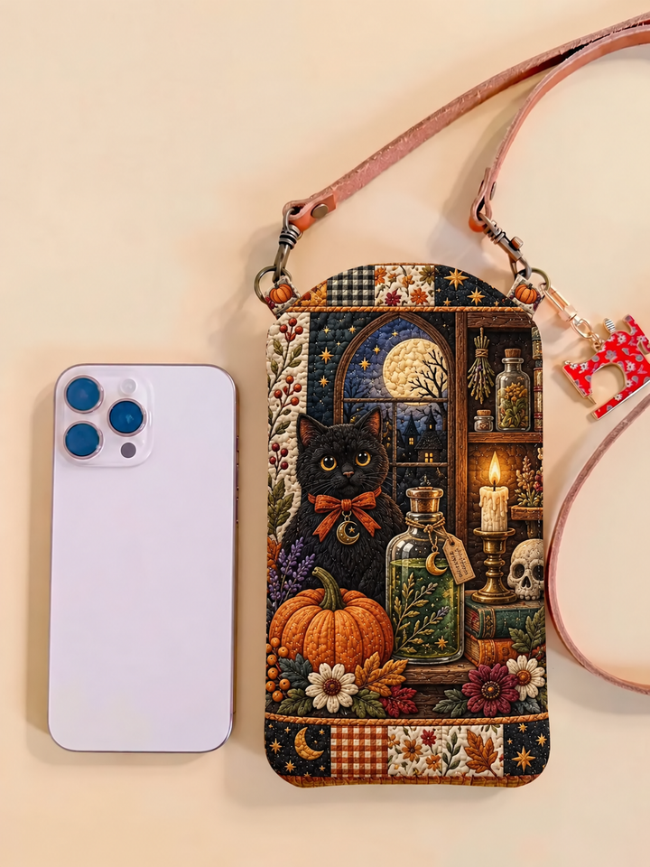 Sac à bandoulière étroit matelassé pour téléphone – Chat noir en patchwork sous la lune