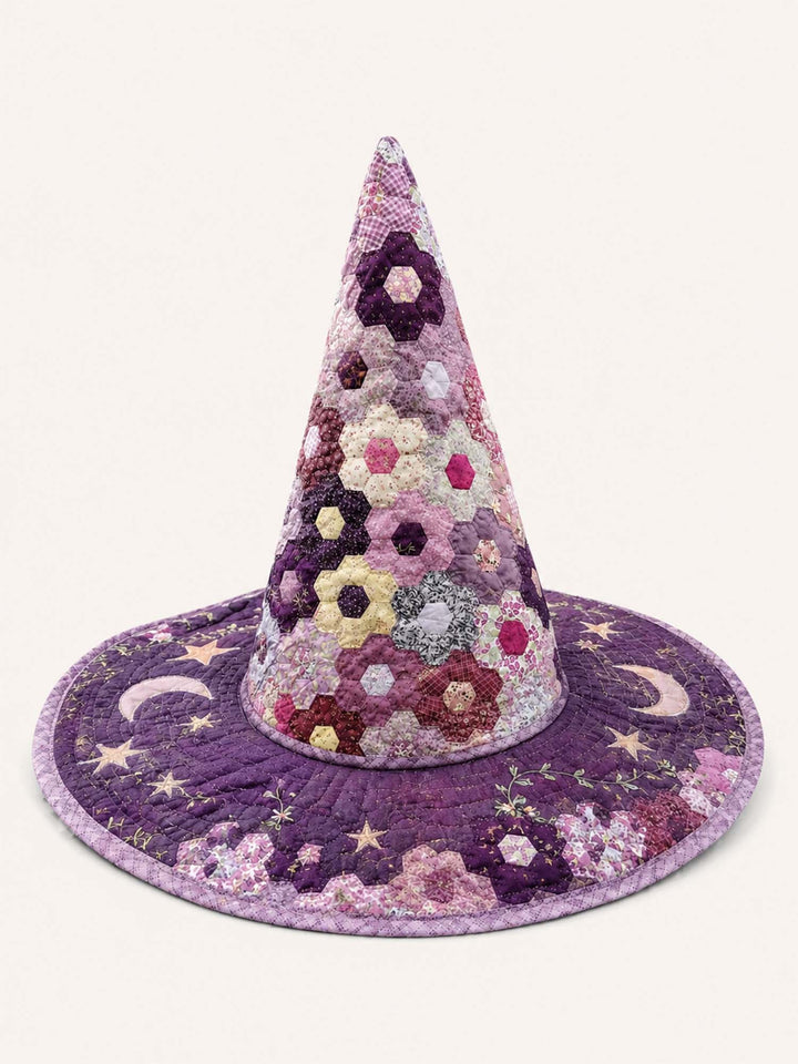Chapeau de sorcière matelassé fait main – Patchwork hexagonal avec motifs d'étoiles