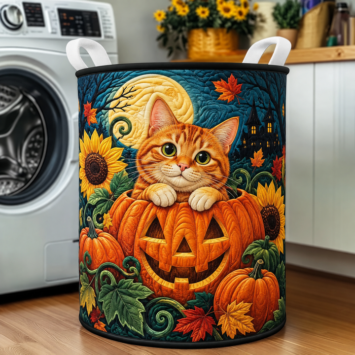 Panier à linge matelassé – Chat rouge avec des citrouilles et des tournesols