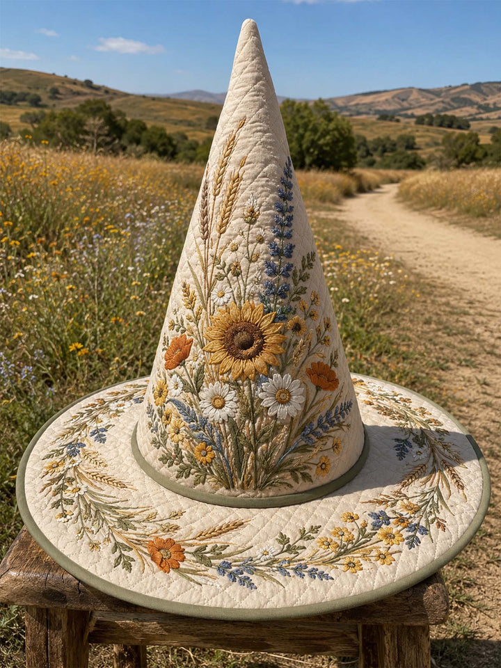 Chapeau de sorcière matelassé fait main – Fleurs sauvages et tournesols brodés