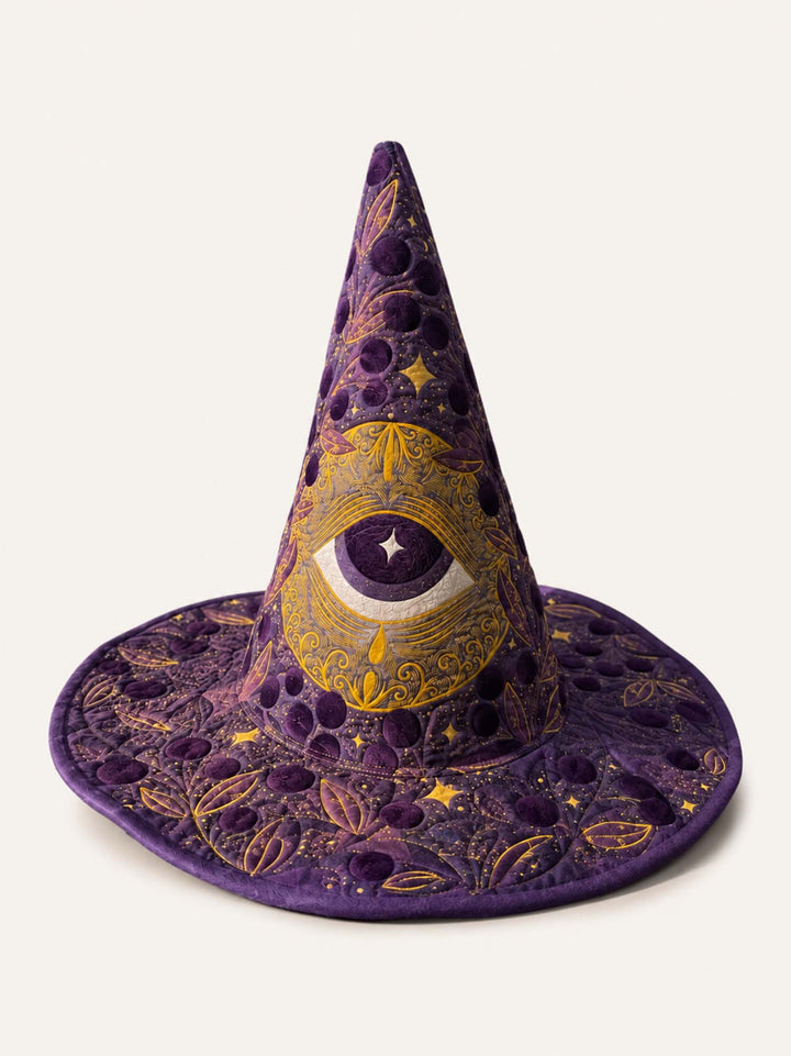 Chapeau de sorcière matelassé fait main – Œil de lune mystique sous les étoiles