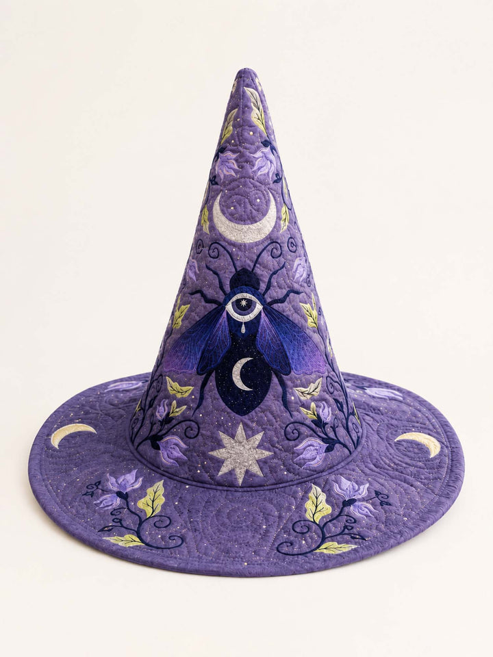 Chapeau de sorcière matelassé fait main – Mystérieux lune violette et étoiles