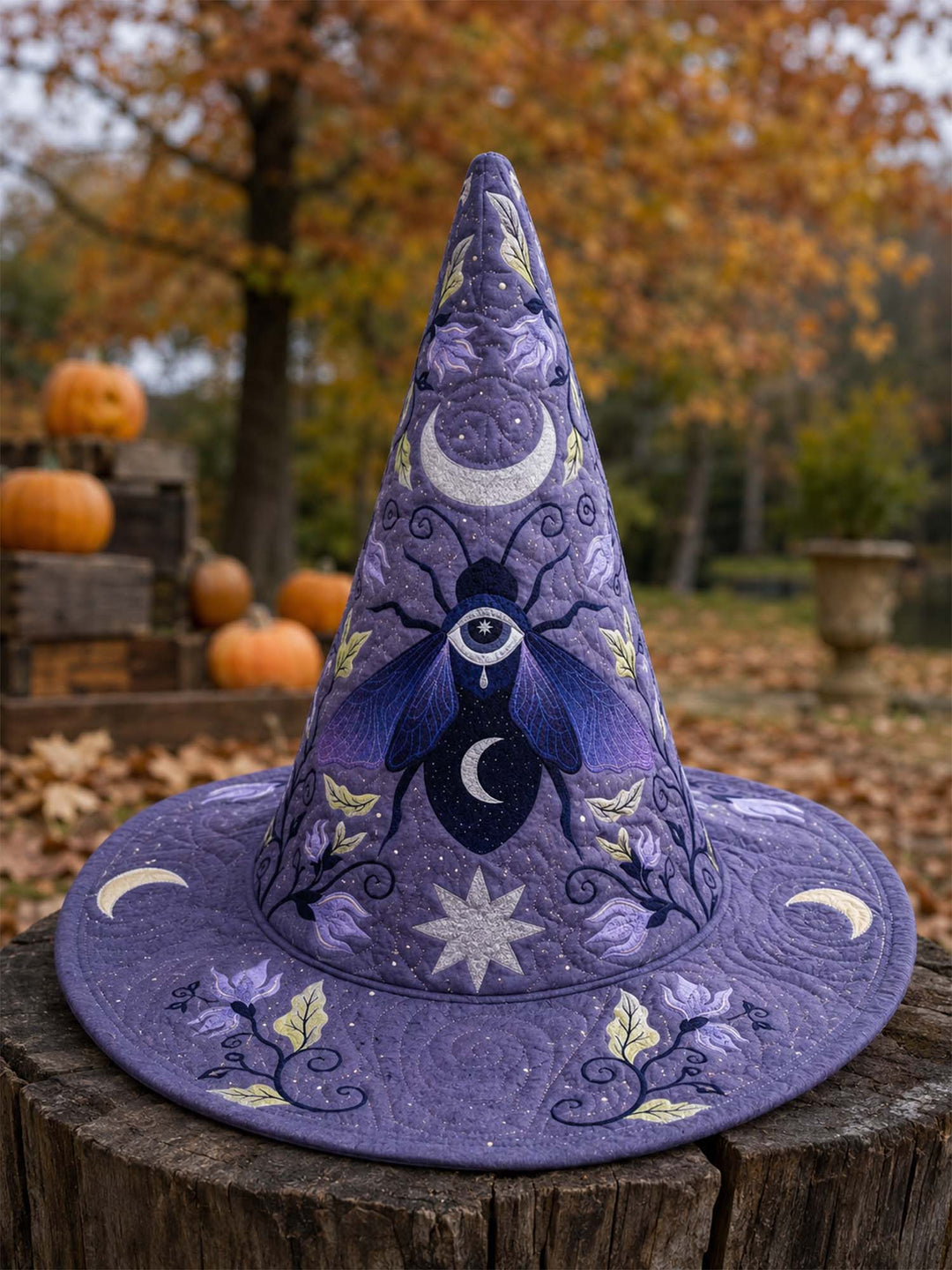 Chapeau de sorcière matelassé fait main – Mystérieux lune violette et étoiles