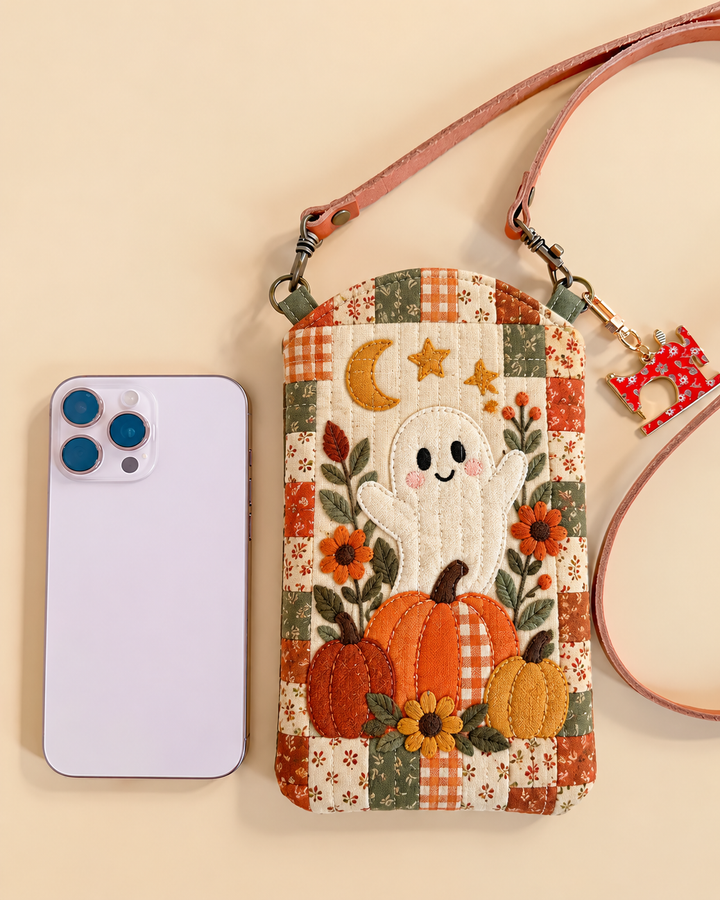 Sacoche de téléphone portable matelassée étroite – Petit fantôme dans le champ de citrouilles