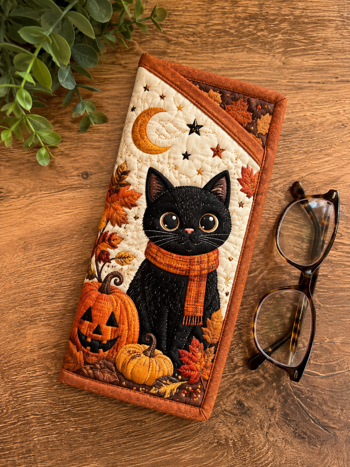 Étui à lunettes matelassé – Chat noir avec chapeau de sorcière d'Halloween