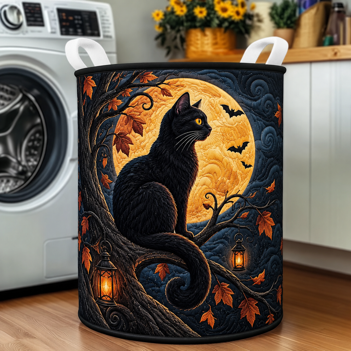 Panier à linge matelassé – Chat noir sous la pleine lune d'Halloween