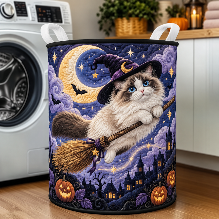 Panier à linge matelassé – Chat sorcier au clair de lune