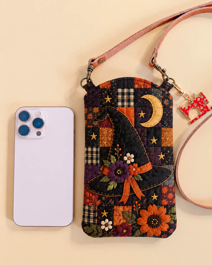 Sacoche pour téléphone portable étroite et matelassée – Patchwork de chapeau de sorcière au clair de lune