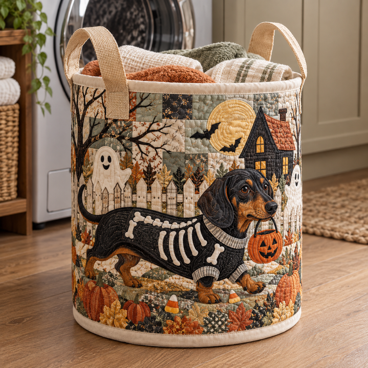 Panier à linge matelassé – Teckel en costume de squelette pour Halloween
