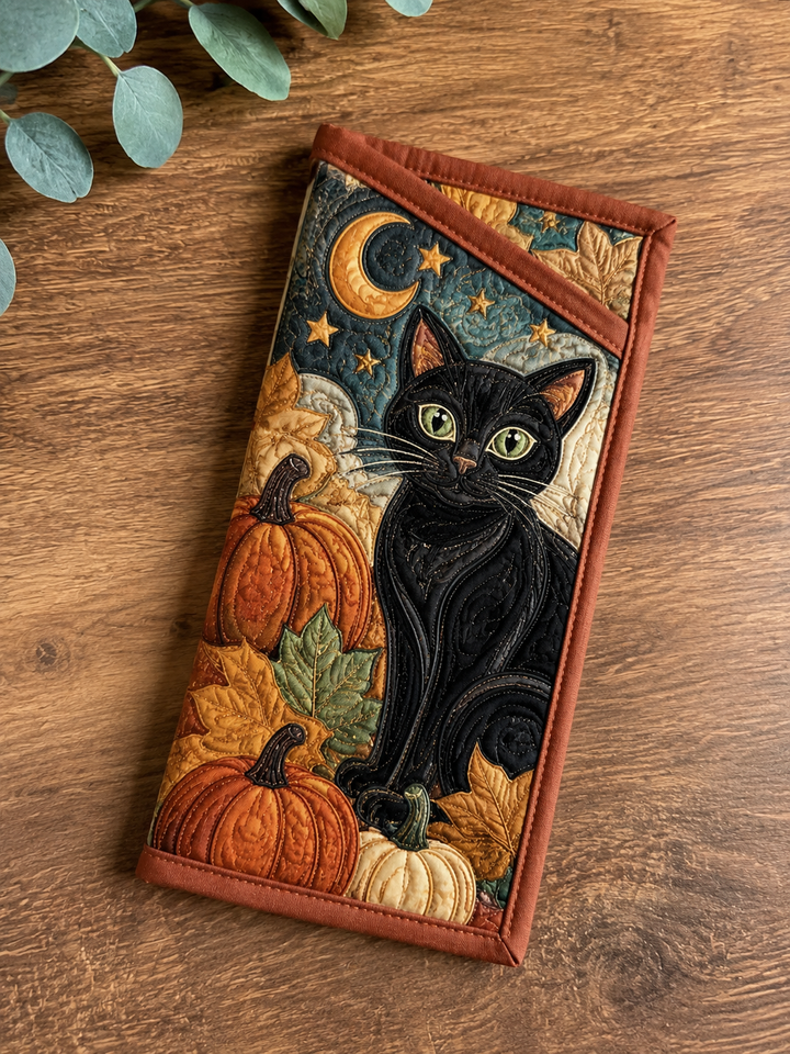 Étui à lunettes matelassé – Chat noir sous la lune d'Halloween