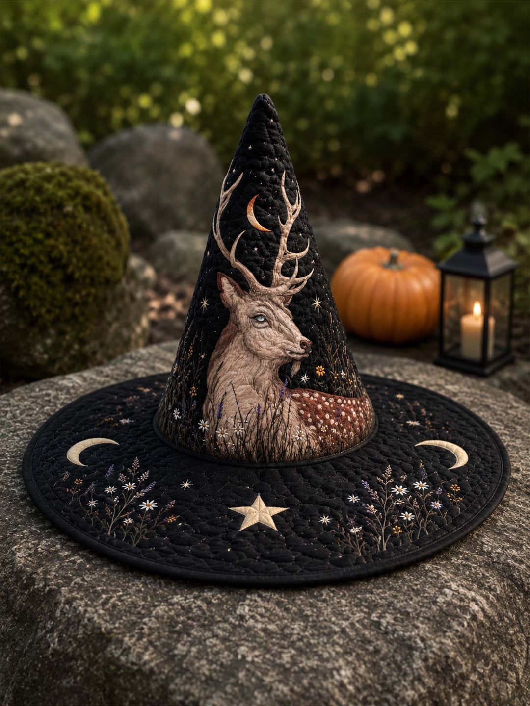 Chapeau de sorcière matelassé fait main – Cerf mystique dans un style sombre