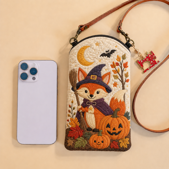 Sacoche pour téléphone portable étroite matelassée – Renard sorcier dans le champ de citrouilles
