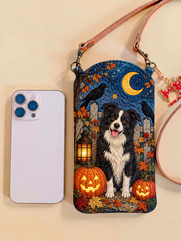 Sacoche étroite matelassée pour téléphone – Border Collie au clair de lune d'Halloween