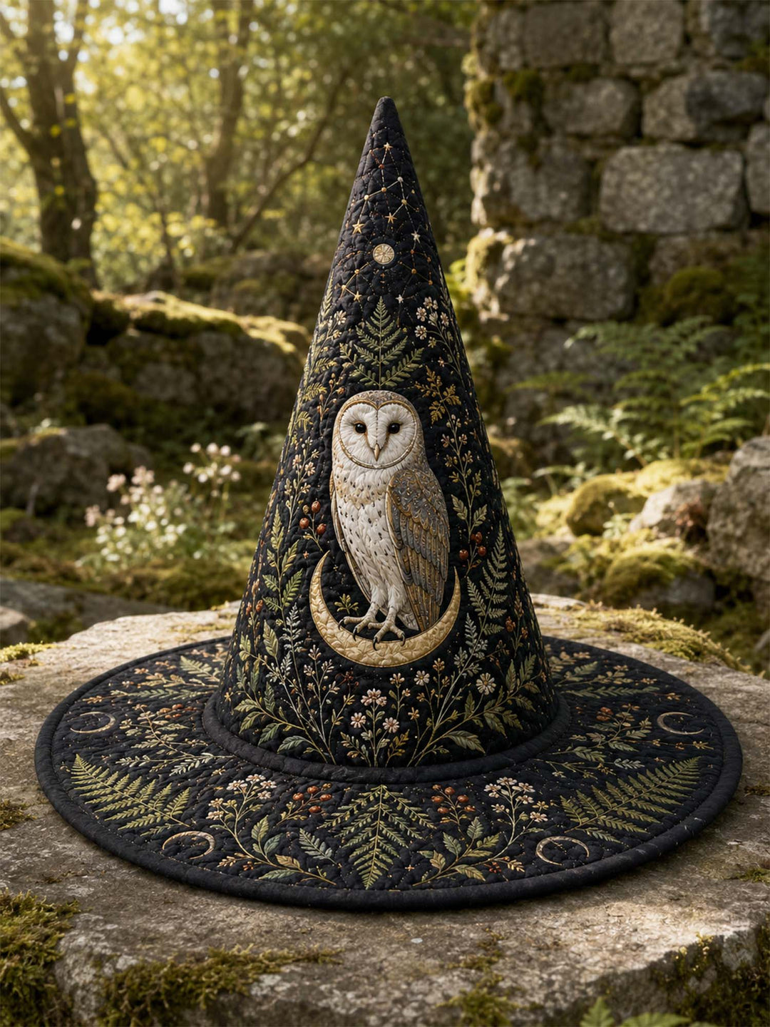 Chapeau de sorcière matelassé fait main – Hibou dans la forêt sombre au clair de lune