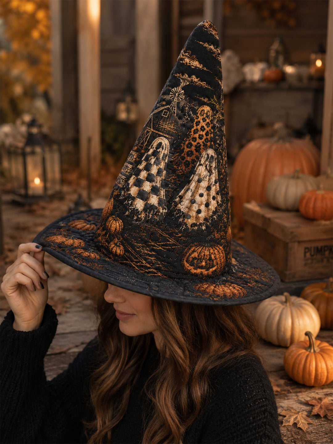 Chapeau de sorcière matelassé fait main – Citrouilles effrayantes pour Halloween