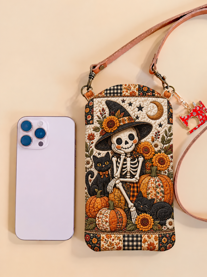 Sacoche de téléphone portable étroite matelassée – Squelette et tournesols pour Halloween