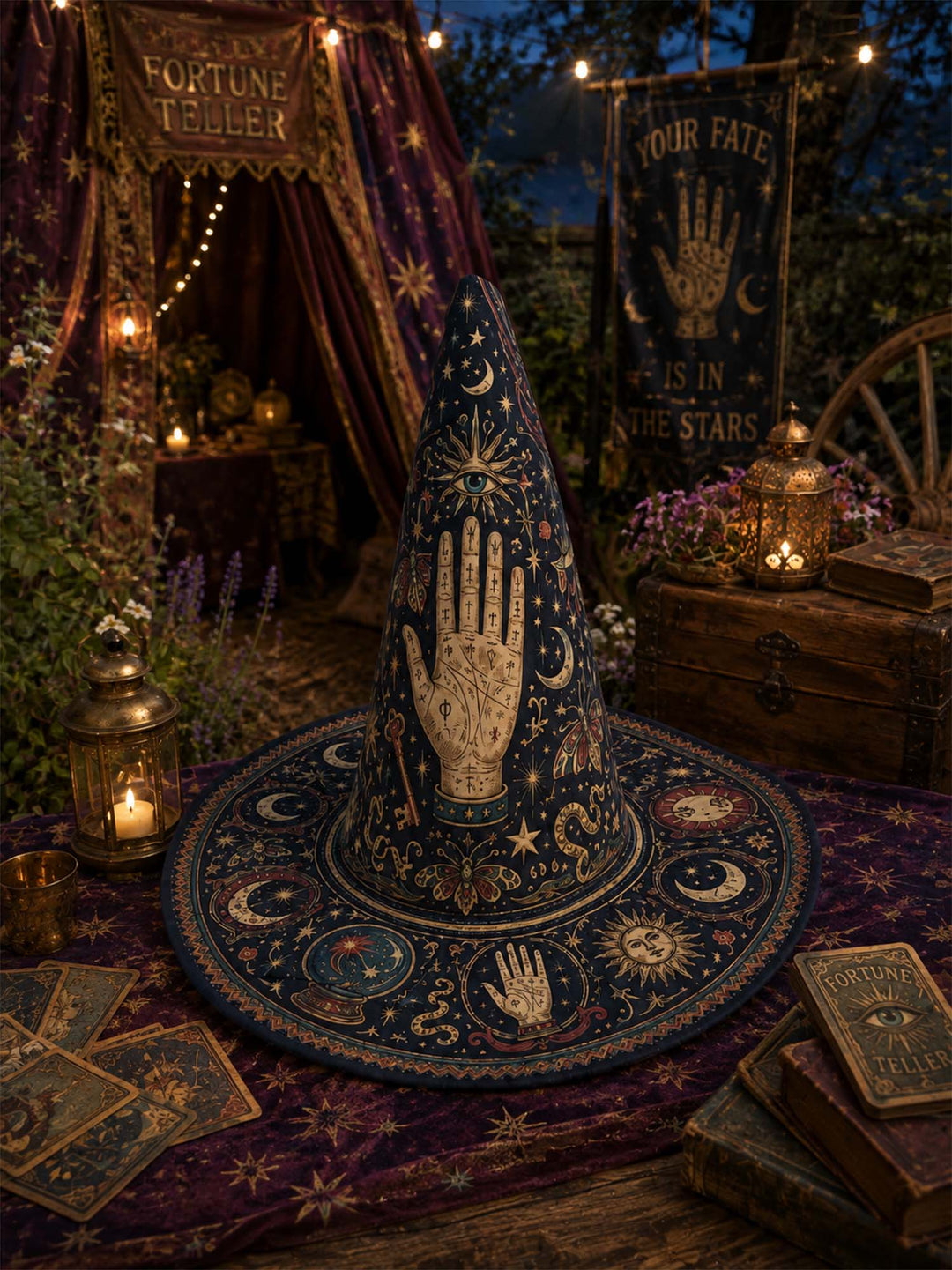 Chapeau de sorcière matelassé fait main – Tarot mystique et étoiles