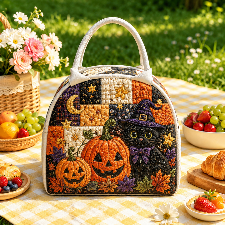 Sac à goûter matelassé – Chat noir et lanterne en citrouille