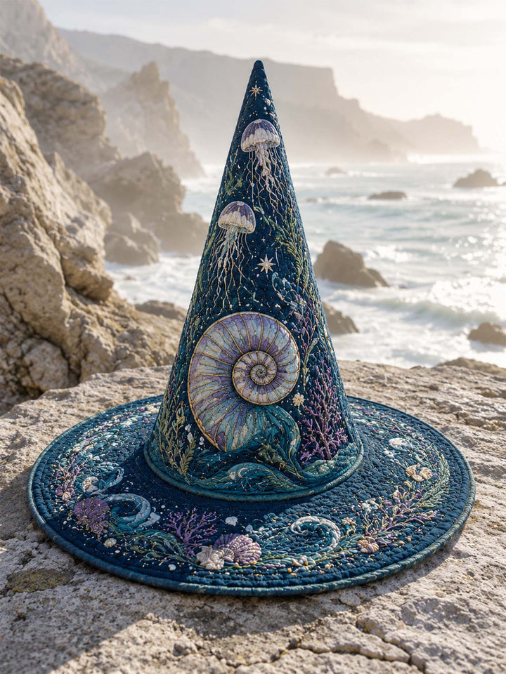 Chapeau de sorcière matelassé fait main – Sirène des profondeurs marines dans un style côtier sombre