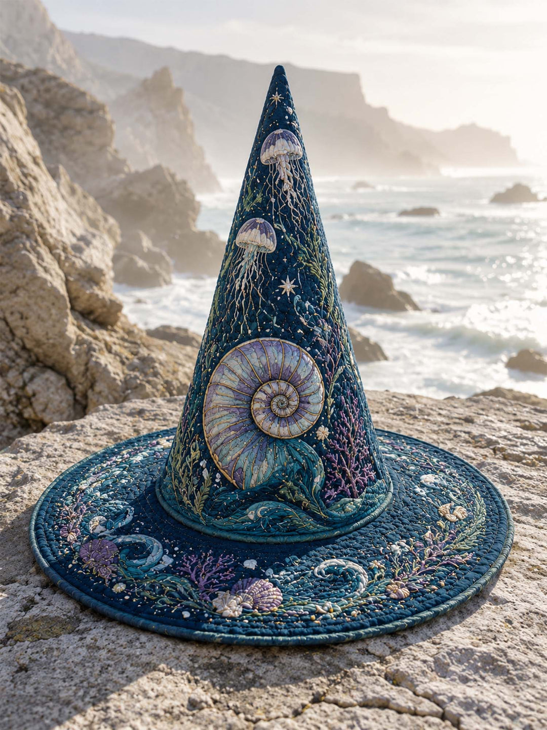 Chapeau de sorcière matelassé fait main – Méduses et Nautilus dans la mer