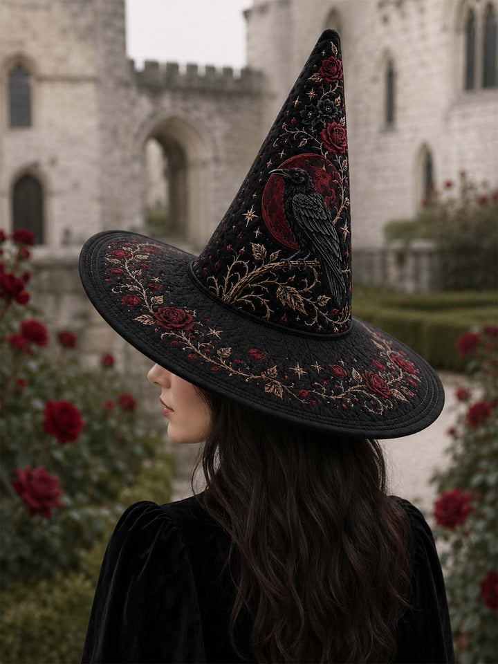 Chapeau de sorcière matelassé fait main – Roses noires et corbeau dans le style victorien
