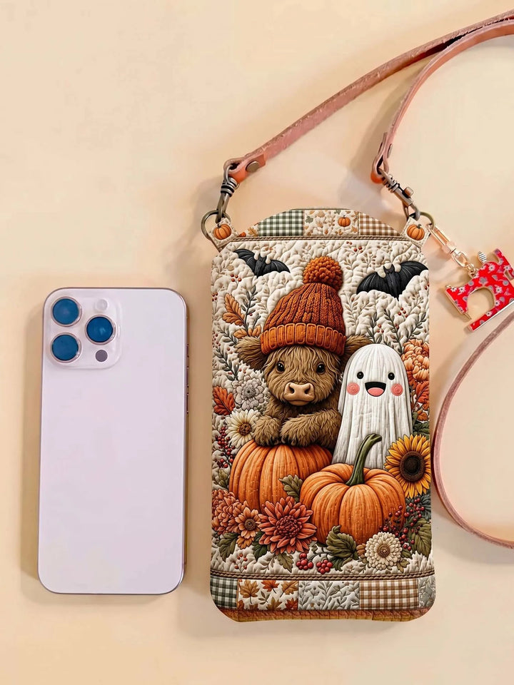 Sac à bandoulière étroit matelassé pour téléphone – Fantôme d'Halloween et Highland Cattle