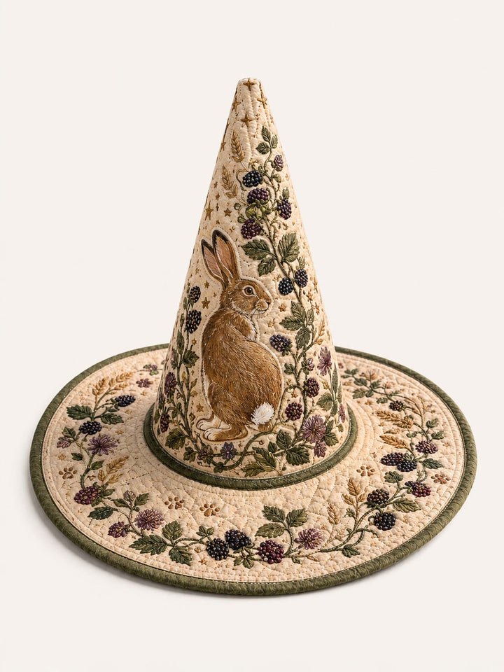Chapeau de sorcière matelassé fait main – Lièvre des bois avec motifs végétaux de style campagnard