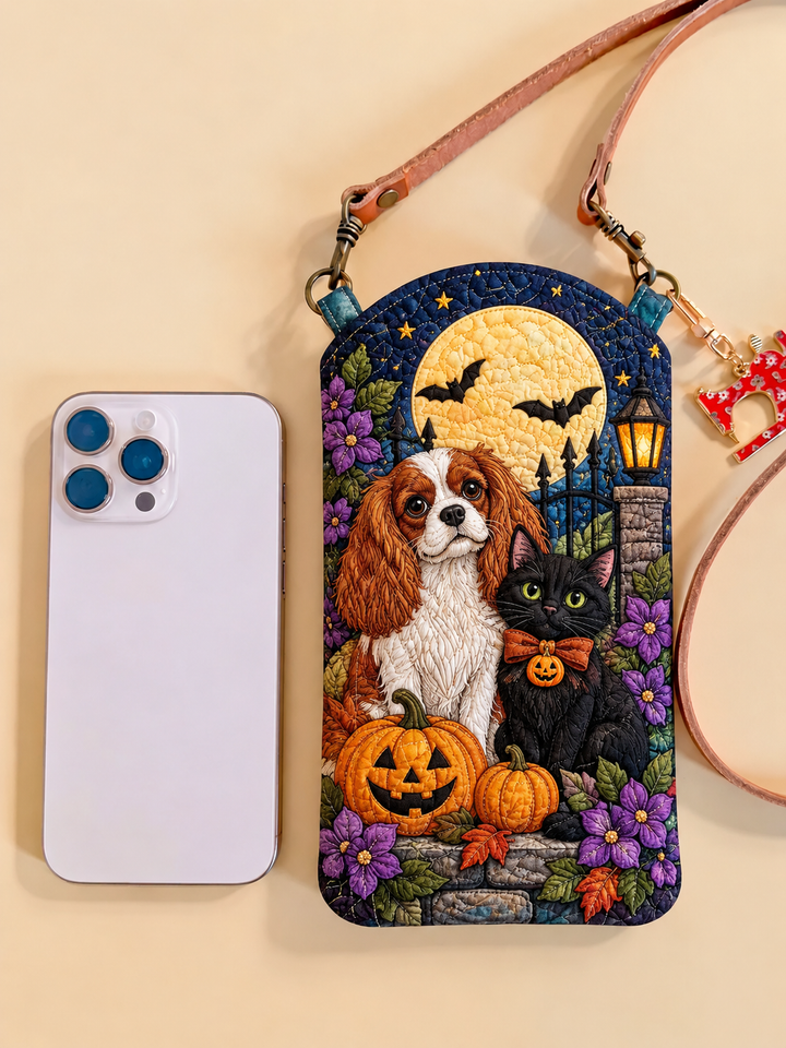 Sacoche pour téléphone portable étroite et matelassée – Cavalier et chat noir pour Halloween