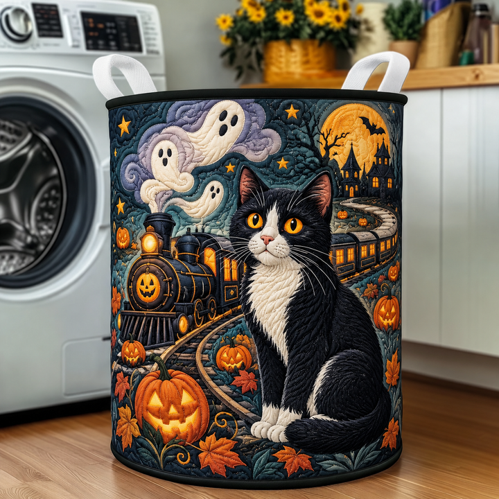 Panier à linge matelassé – Chat noir dans le train fantôme