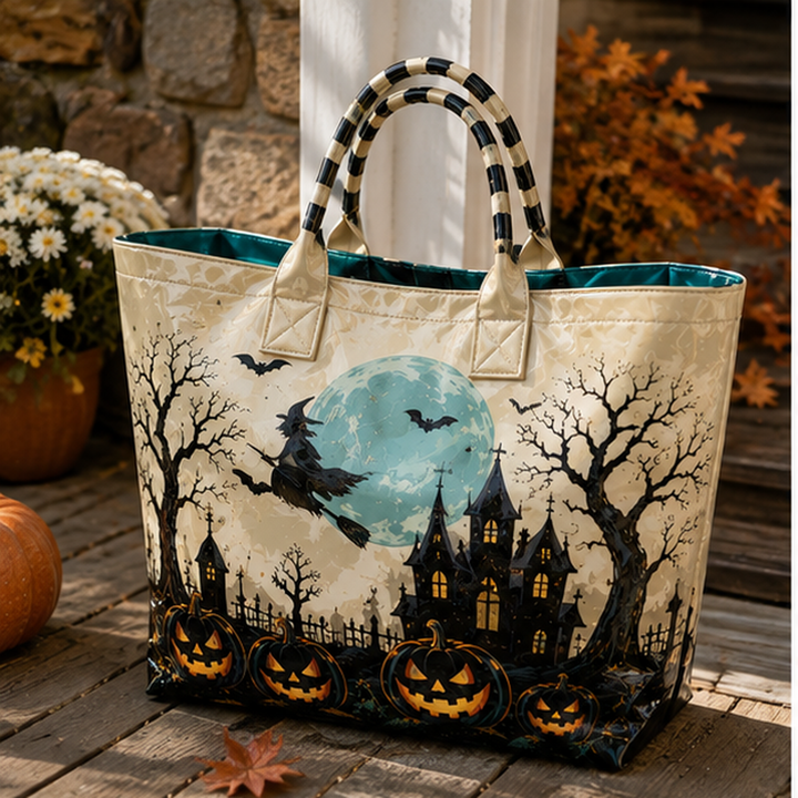 Sac en PVC – Sorcière volante, lune et maison hantée