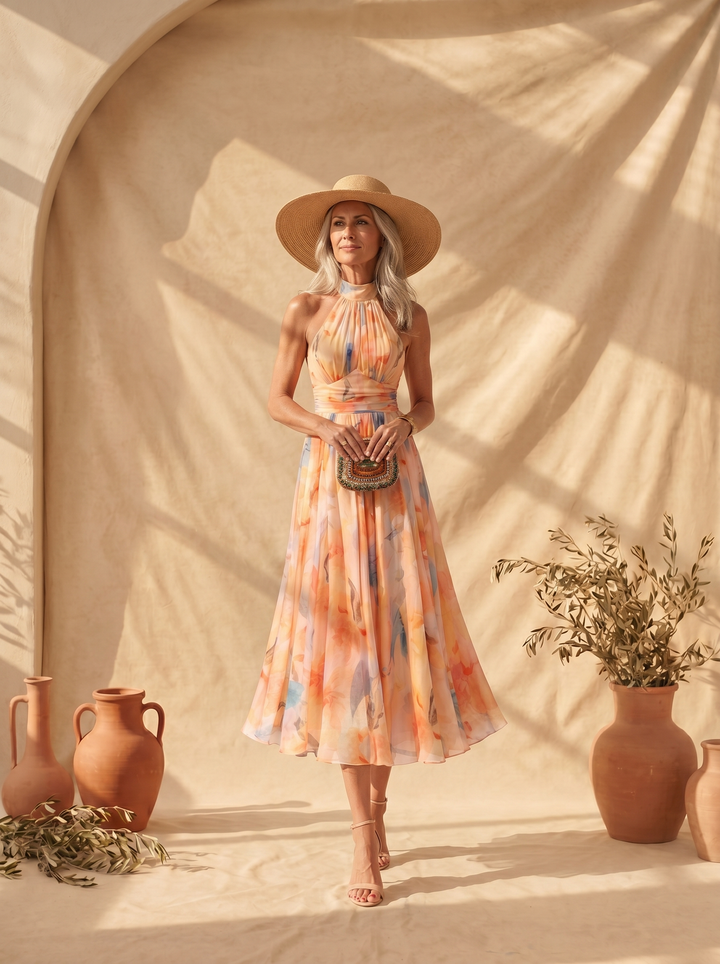 Aurora | Robe avec Col Halter et Imprimé Aquarelle