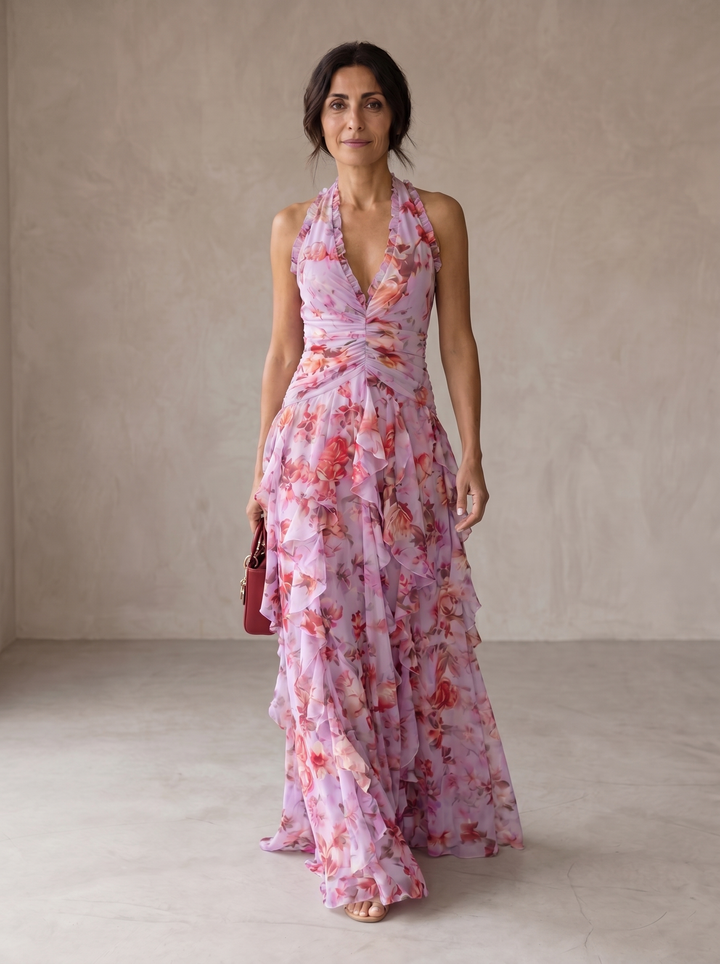Belladina | Robe longue à décolleté américain avec cascade de roses