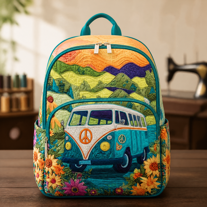 Sac à dos matelassé avec des tournesols et des montagnes