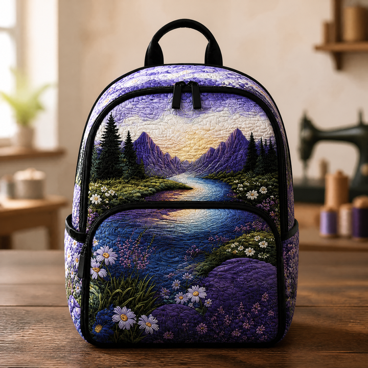 Sac à dos matelassé violet avec fleurs et montagnes